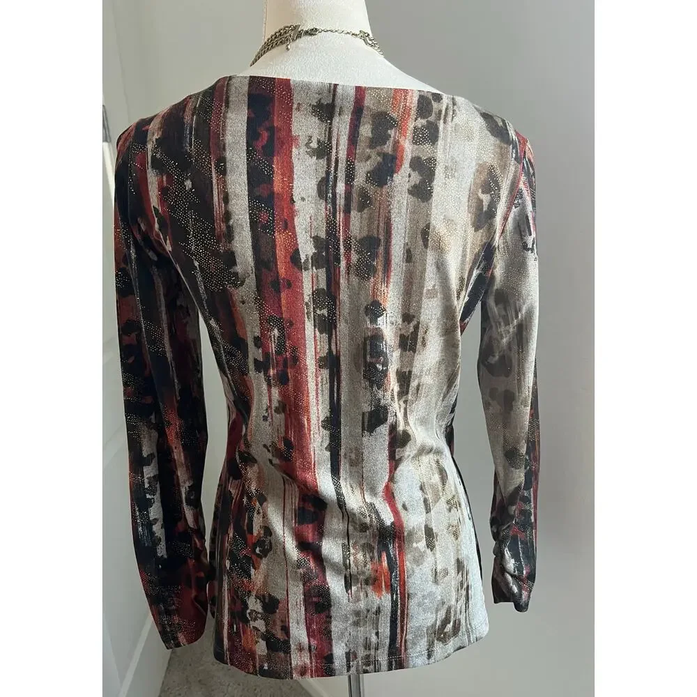 Susan‎ Lawrence Pullover Multicolor Brown Faux Leather Buckle Wrap Top Sweater S